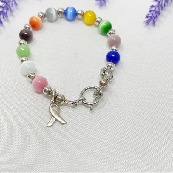 Hand Made Cats Eye Moonstone Multicolor Beaded Breast Cancer Ribbon Bracelet - Picture 3 of 4